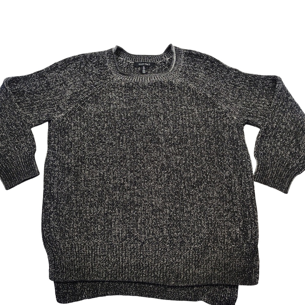 Ellen Tracy Womens Large Black Marl Cotton Blend Knit Sweater Crewneck Pullover